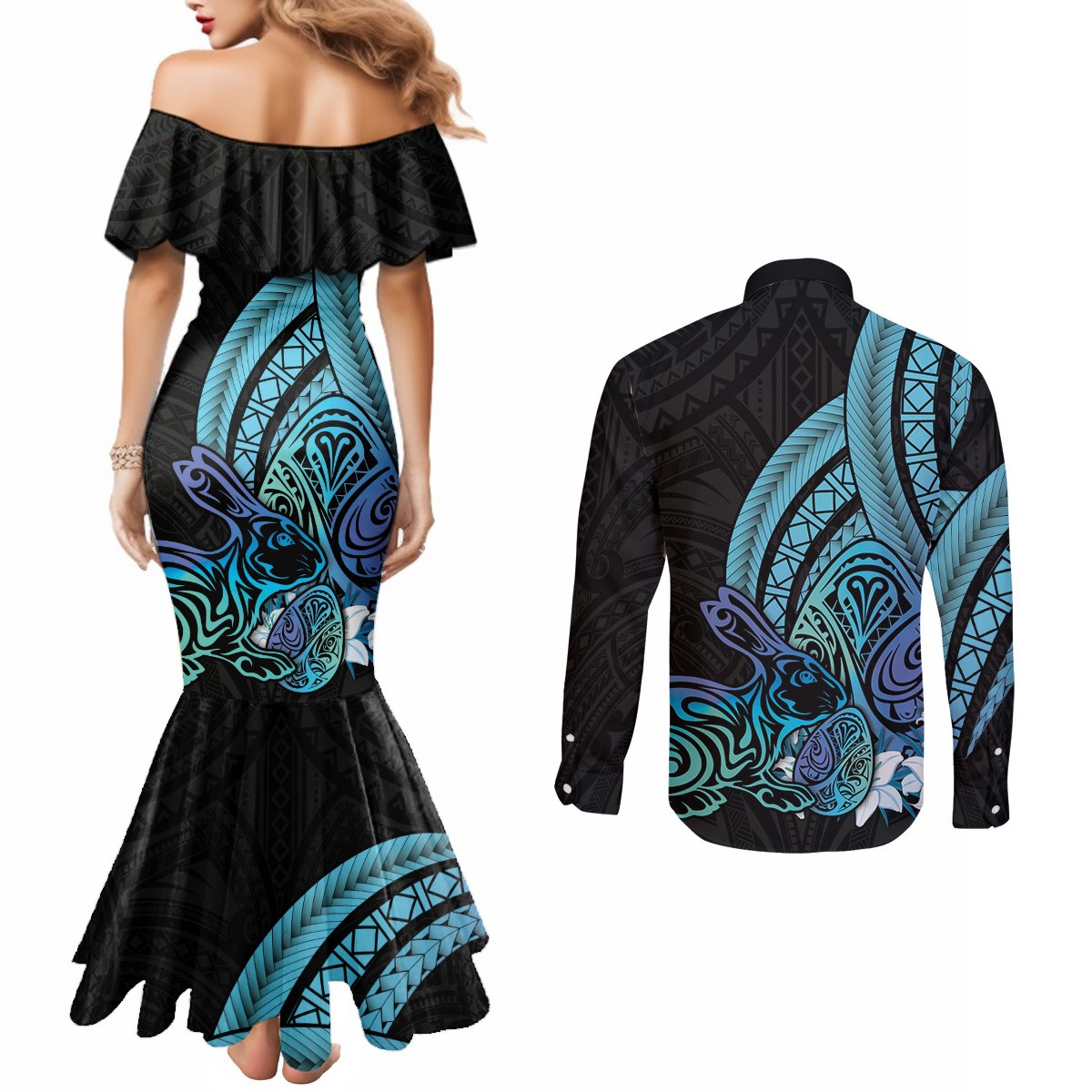 Turquoise Polynesia Easter Day Couples Matching Mermaid Dress and Long Sleeve Button Shirt Eggs With Bunny Polynesian Pattern