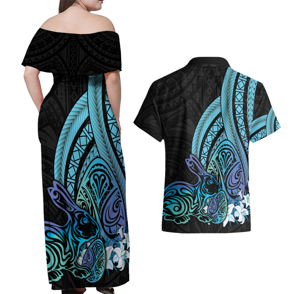 Turquoise Polynesia Easter Day Couples Matching Off Shoulder Maxi Dress and Hawaiian Shirt Eggs With Bunny Polynesian Pattern