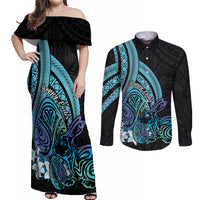 Turquoise Polynesia Easter Day Couples Matching Off Shoulder Maxi Dress and Long Sleeve Button Shirt Eggs With Bunny Polynesian Pattern
