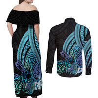 Turquoise Polynesia Easter Day Couples Matching Off Shoulder Maxi Dress and Long Sleeve Button Shirt Eggs With Bunny Polynesian Pattern