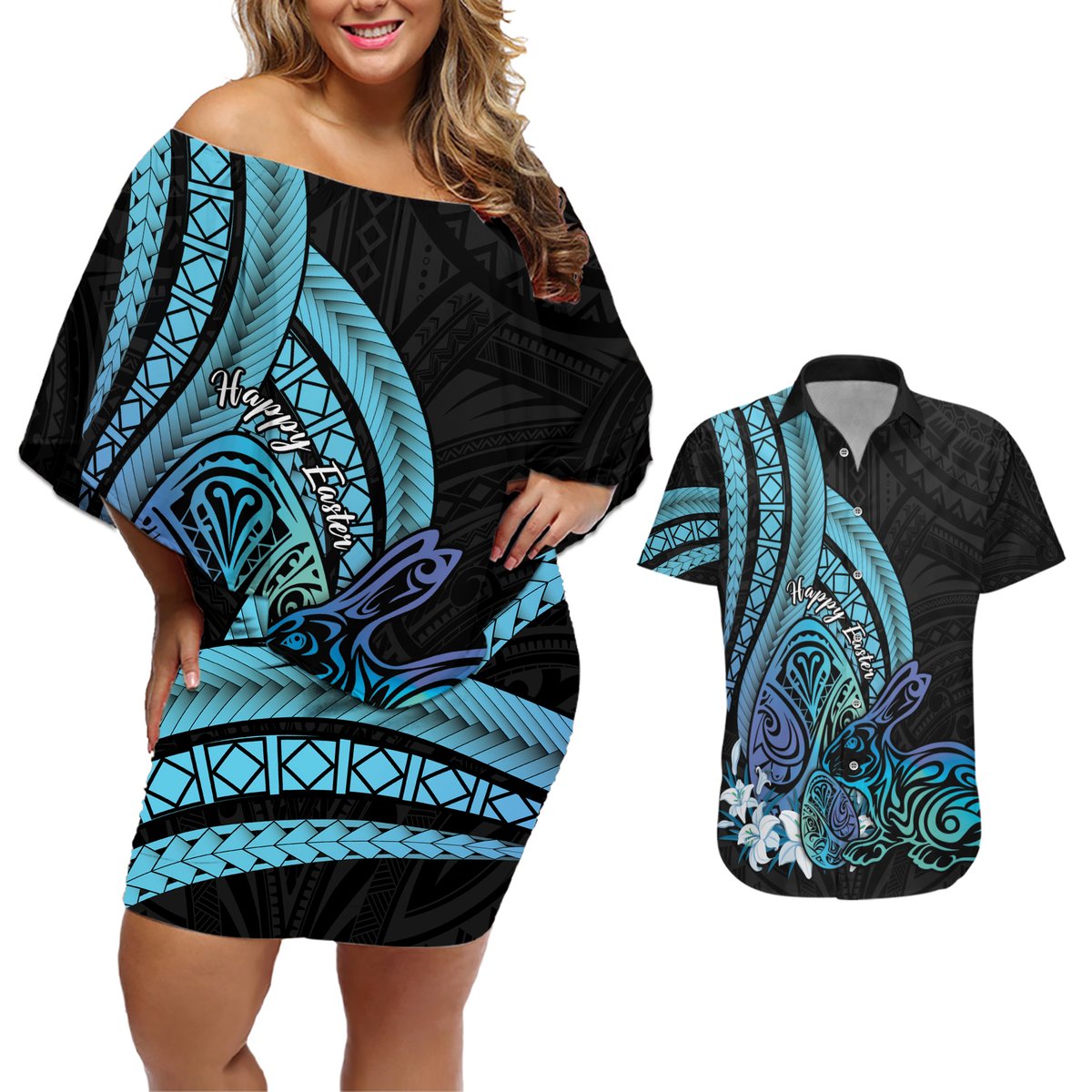 Turquoise Polynesia Easter Day Couples Matching Off Shoulder Short Dress and Hawaiian Shirt Eggs With Bunny Polynesian Pattern