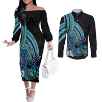 Turquoise Polynesia Easter Day Couples Matching Off The Shoulder Long Sleeve Dress and Long Sleeve Button Shirt Eggs With Bunny Polynesian Pattern