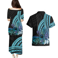 Turquoise Polynesia Easter Day Couples Matching Puletasi and Hawaiian Shirt Eggs With Bunny Polynesian Pattern