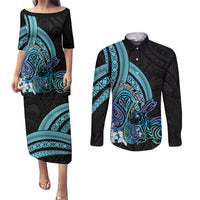 Turquoise Polynesia Easter Day Couples Matching Puletasi and Long Sleeve Button Shirt Eggs With Bunny Polynesian Pattern