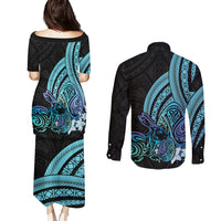 Turquoise Polynesia Easter Day Couples Matching Puletasi and Long Sleeve Button Shirt Eggs With Bunny Polynesian Pattern