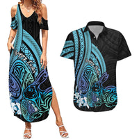 Turquoise Polynesia Easter Day Couples Matching Summer Maxi Dress and Hawaiian Shirt Eggs With Bunny Polynesian Pattern