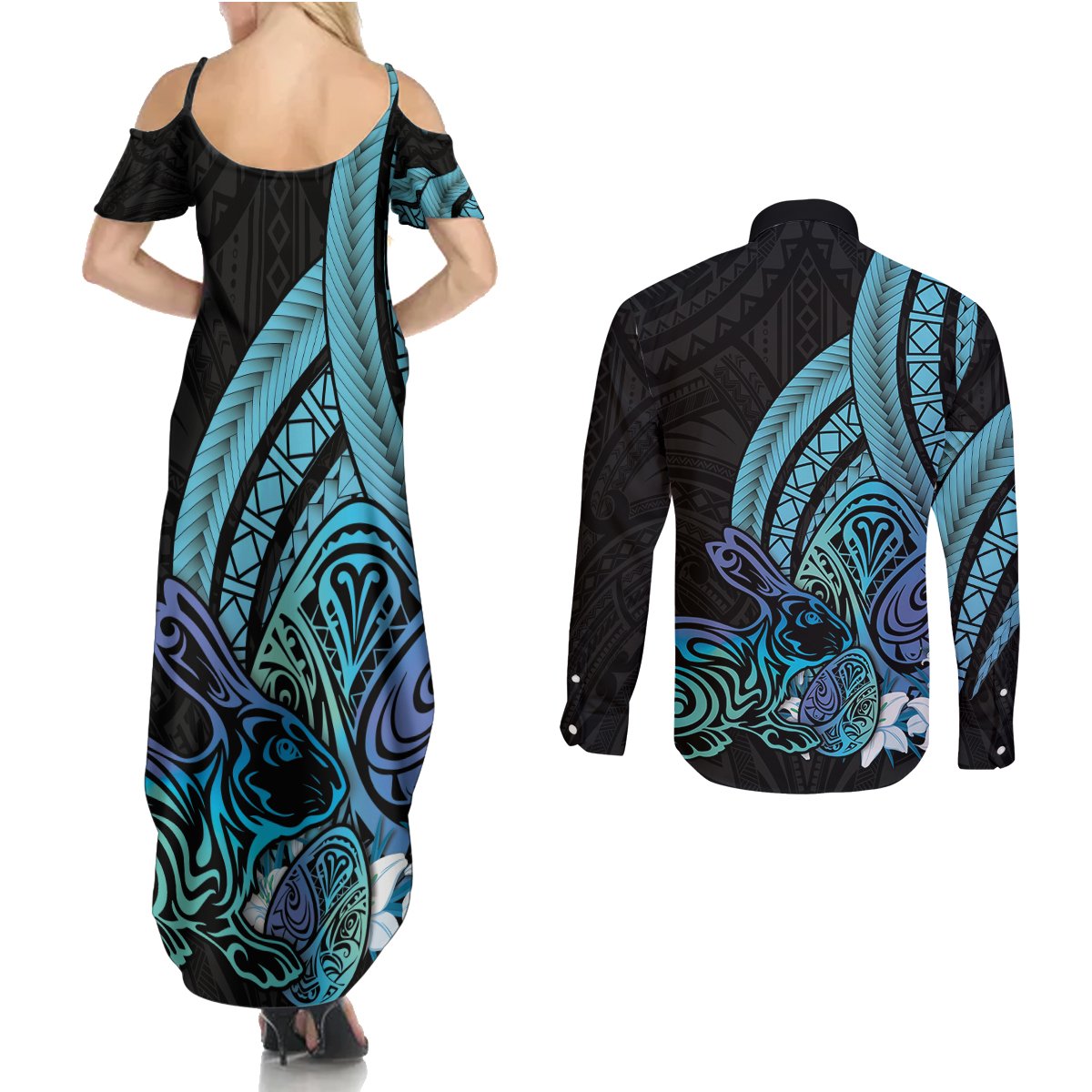 Turquoise Polynesia Easter Day Couples Matching Summer Maxi Dress and Long Sleeve Button Shirt Eggs With Bunny Polynesian Pattern