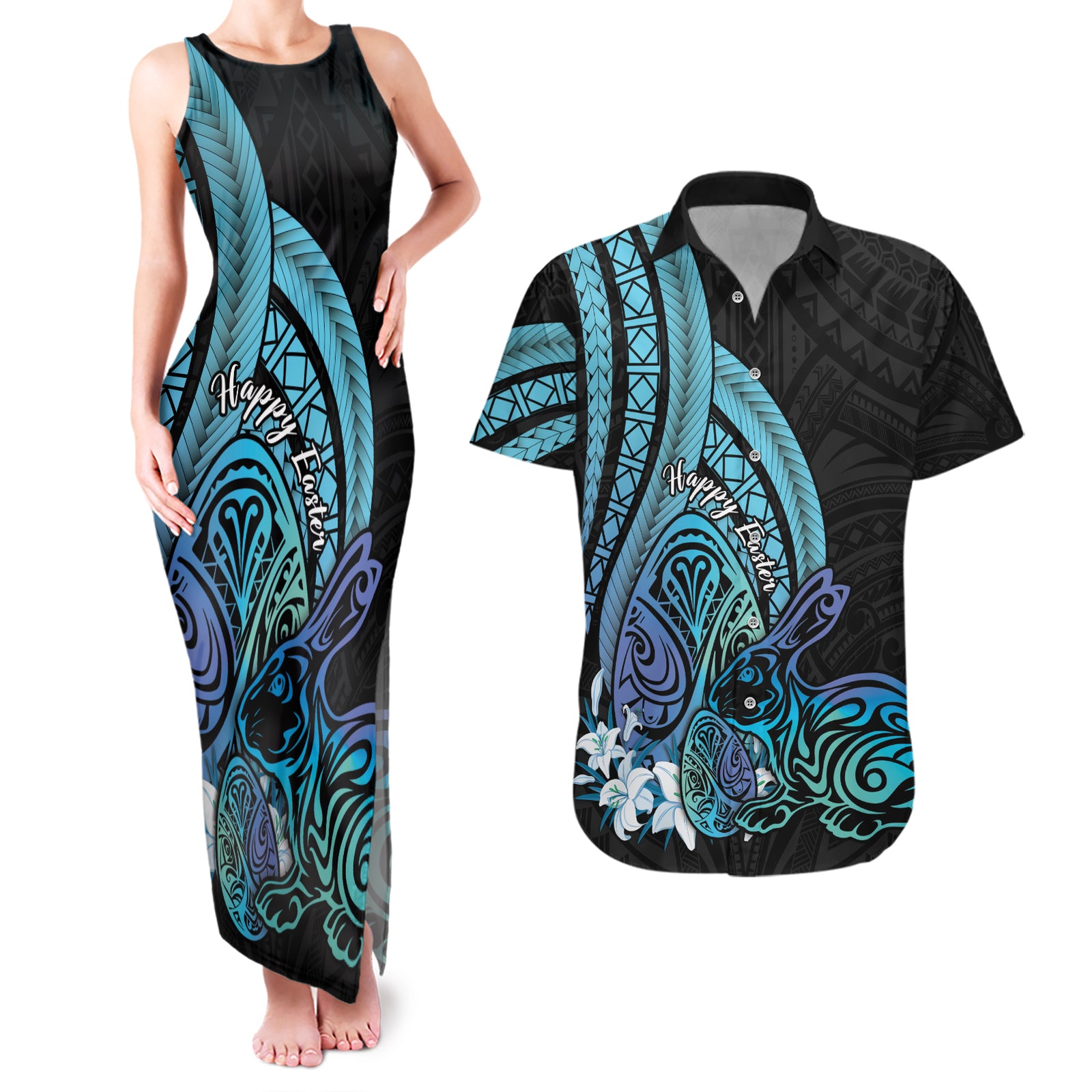 Turquoise Polynesia Easter Day Couples Matching Tank Maxi Dress and Hawaiian Shirt Eggs With Bunny Polynesian Pattern