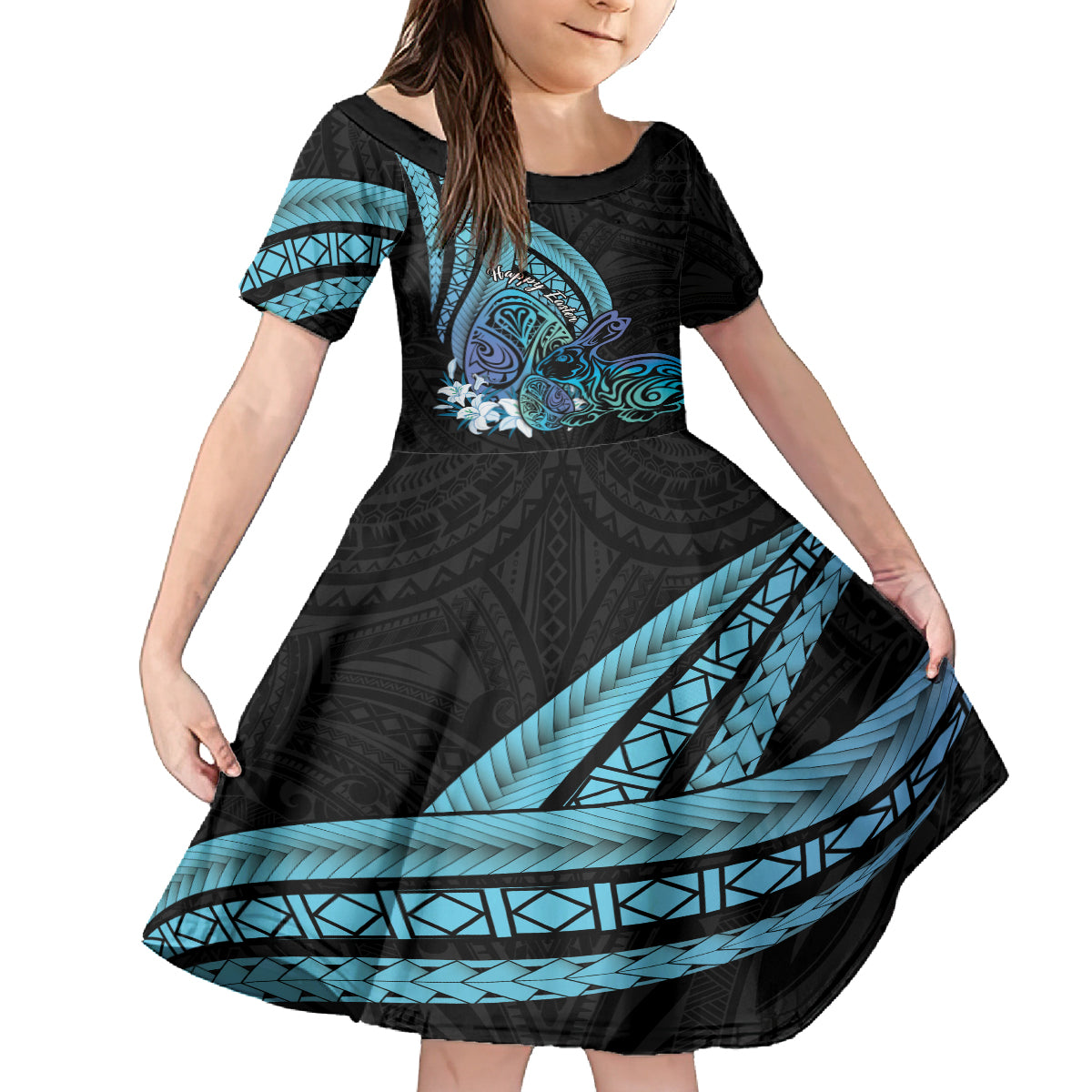 Turquoise Polynesia Easter Day Family Matching Off Shoulder Short Dress and Hawaiian Shirt Eggs With Bunny Polynesian Pattern