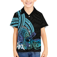 Turquoise Polynesia Easter Day Family Matching Off Shoulder Short Dress and Hawaiian Shirt Eggs With Bunny Polynesian Pattern