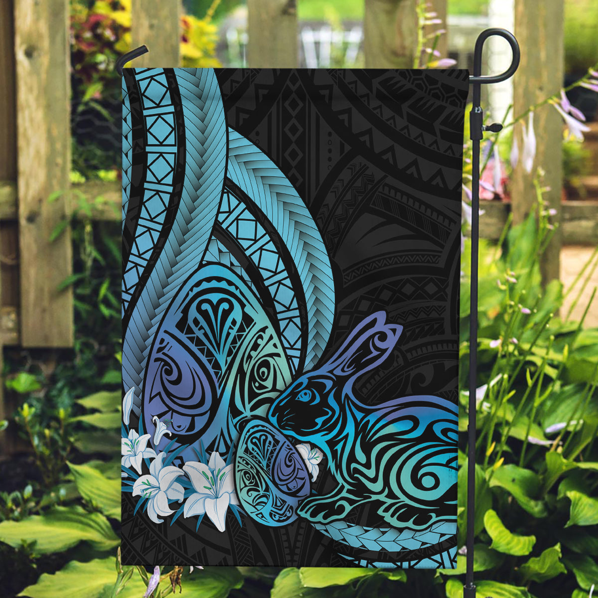 Turquoise Polynesia Easter Day Garden Flag Eggs With Bunny Polynesian Pattern LT14 Garden Flag Turquoise - Polynesian Pride
