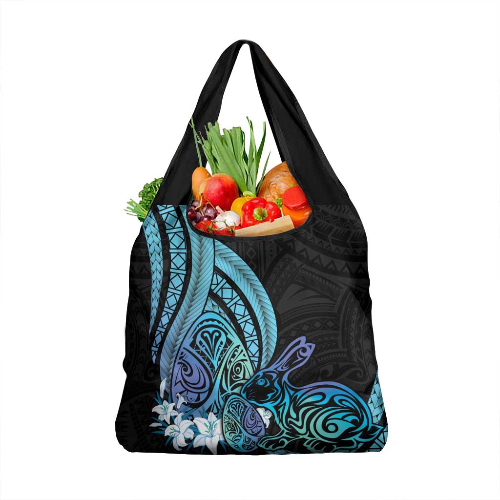 Turquoise Polynesia Easter Day Grocery Bag Eggs With Bunny Polynesian Pattern