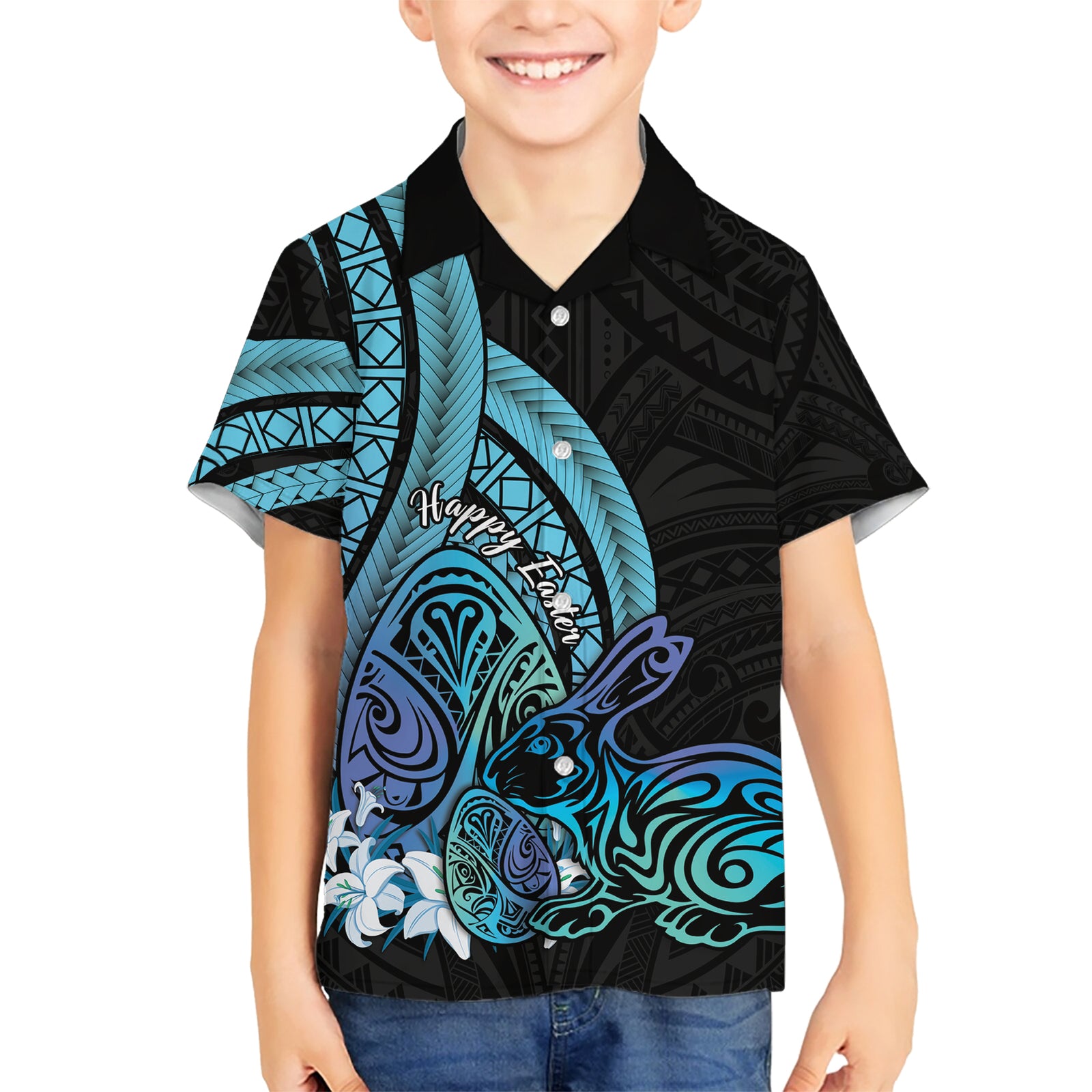 Turquoise Polynesia Easter Day Kid Hawaiian Shirt Eggs With Bunny Polynesian Pattern LT14 Kid Turquoise - Polynesian Pride