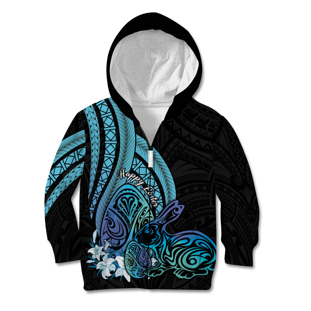 Turquoise Polynesia Easter Day Kid Hoodie Eggs With Bunny Polynesian Pattern