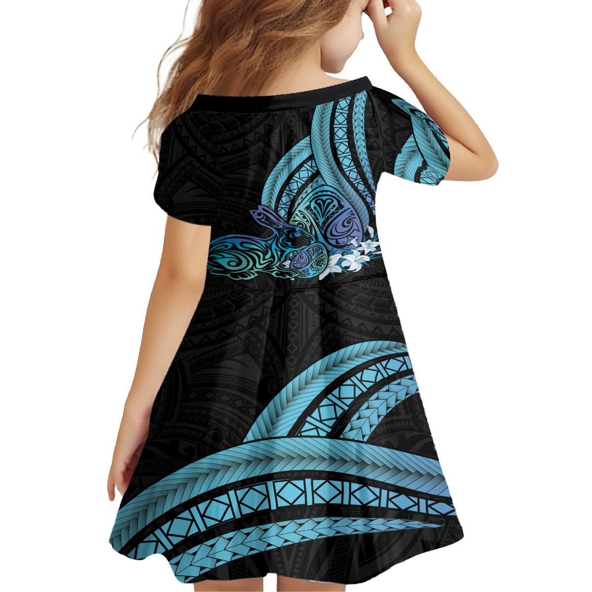 Turquoise Polynesia Easter Day Kid Short Sleeve Dress Eggs With Bunny Polynesian Pattern