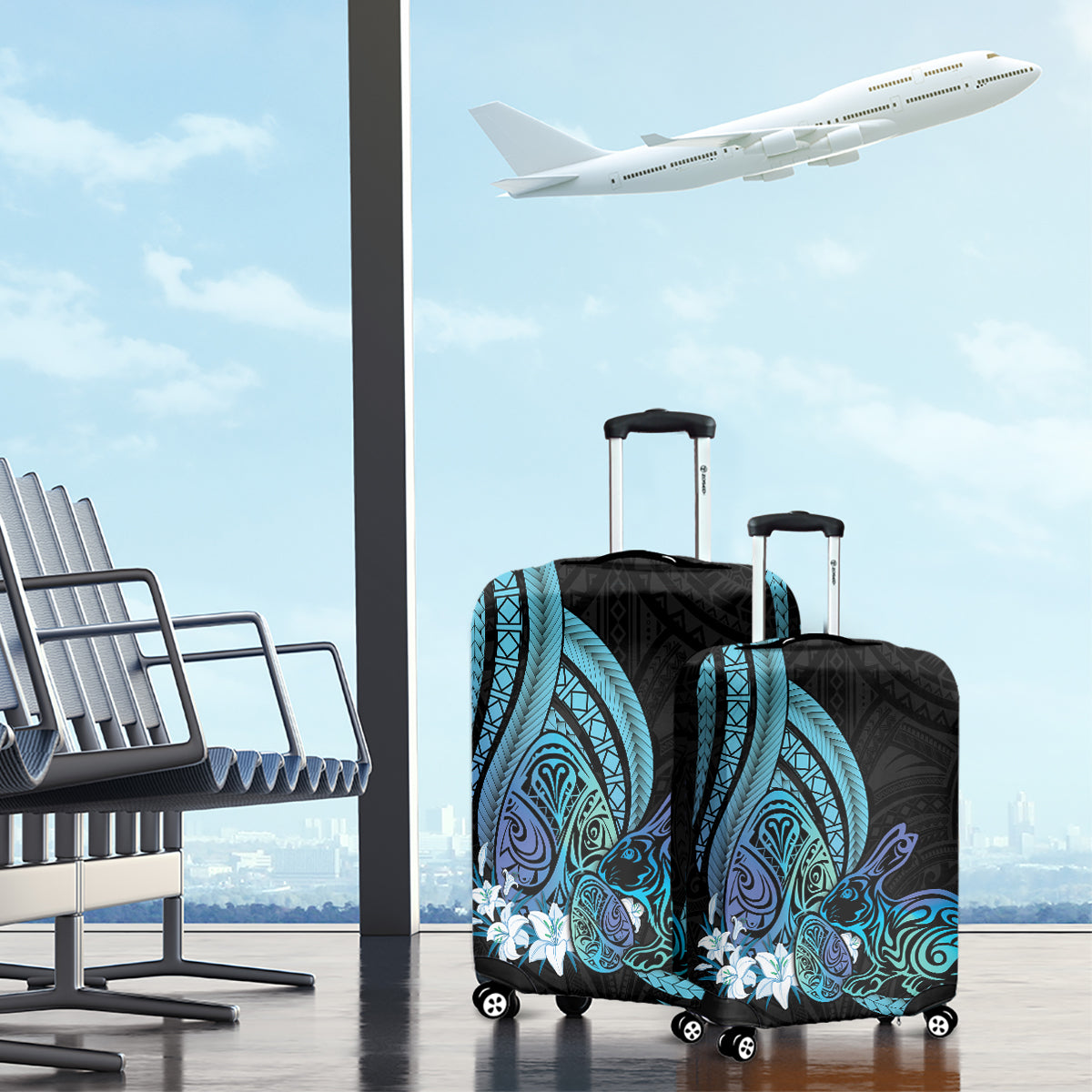 Turquoise Polynesia Easter Day Luggage Cover Eggs With Bunny Polynesian Pattern