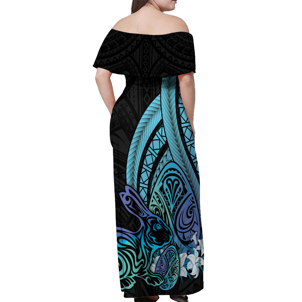 Turquoise Polynesia Easter Day Off Shoulder Maxi Dress Eggs With Bunny Polynesian Pattern