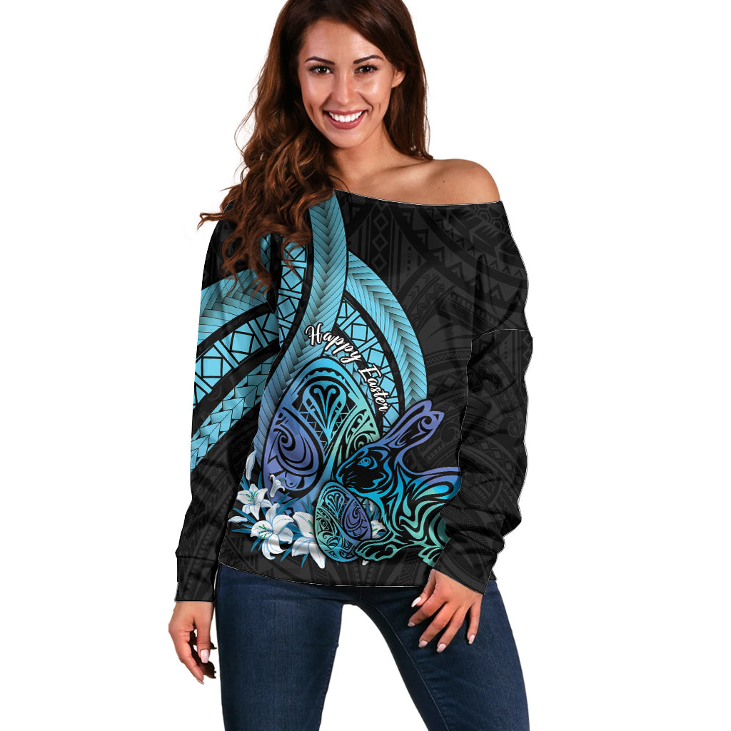 Turquoise Polynesia Easter Day Off Shoulder Sweater Eggs With Bunny Polynesian Pattern