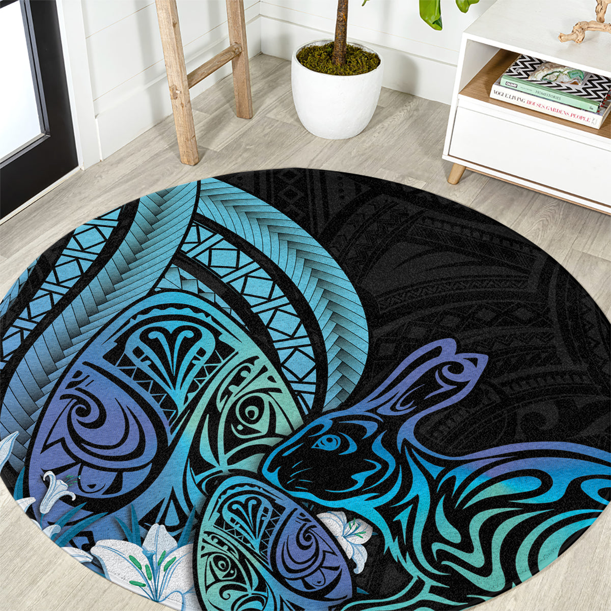 Turquoise Polynesia Easter Day Round Carpet Eggs With Bunny Polynesian Pattern LT14 Turquoise - Polynesian Pride