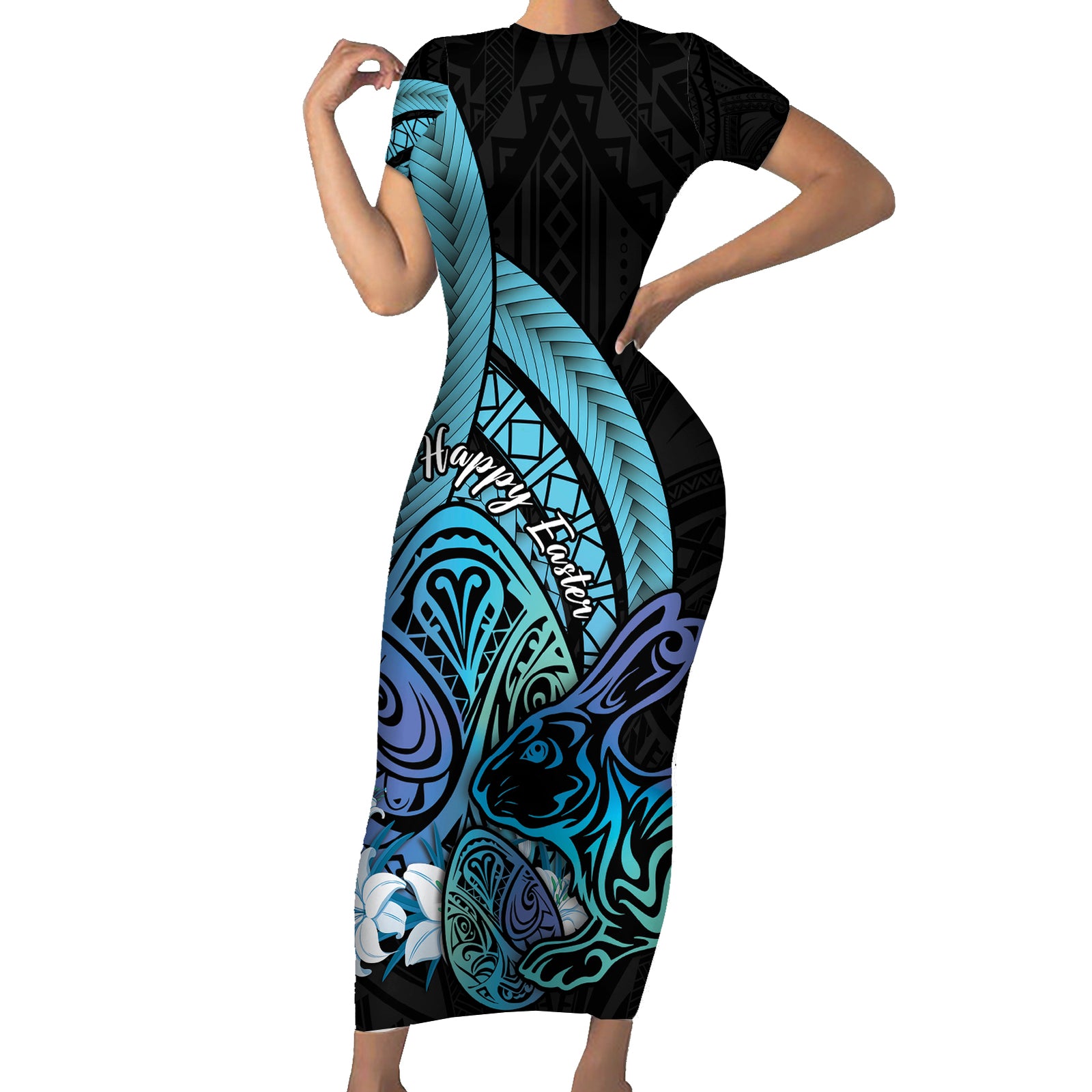 Turquoise Polynesia Easter Day Short Sleeve Bodycon Dress Eggs With Bunny Polynesian Pattern LT14 Long Dress Turquoise - Polynesian Pride