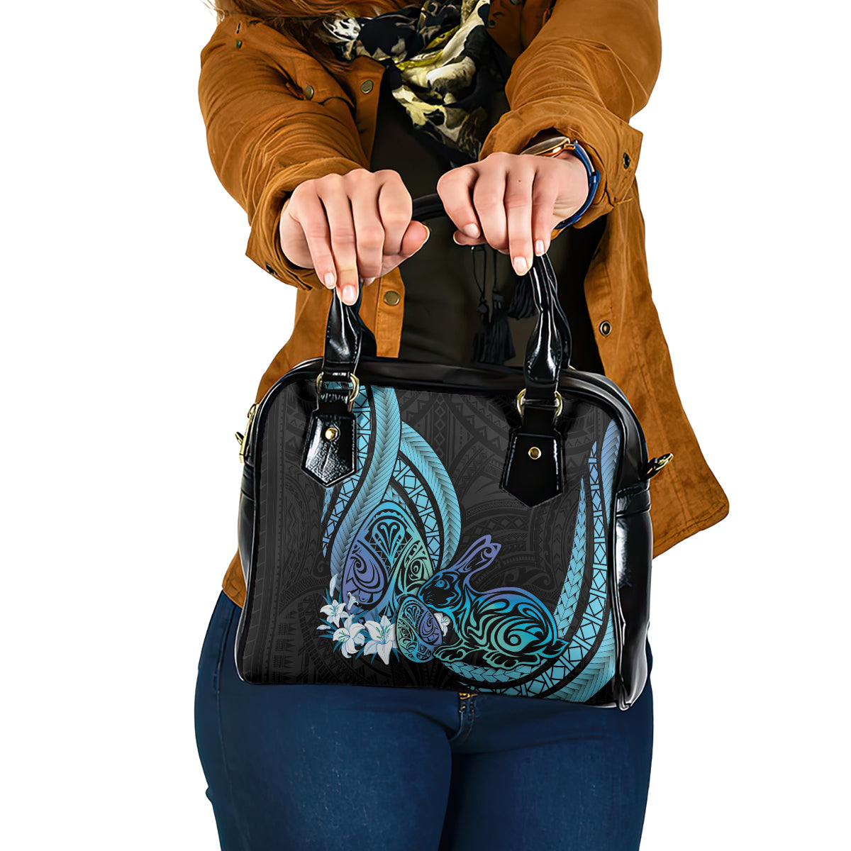 Turquoise Polynesia Easter Day Shoulder Handbag Eggs With Bunny Polynesian Pattern LT14 One Size Turquoise - Polynesian Pride