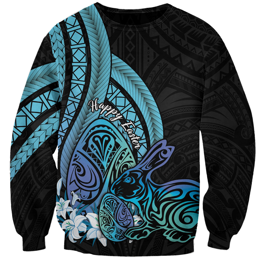 Turquoise Polynesia Easter Day Sweatshirt Eggs With Bunny Polynesian Pattern