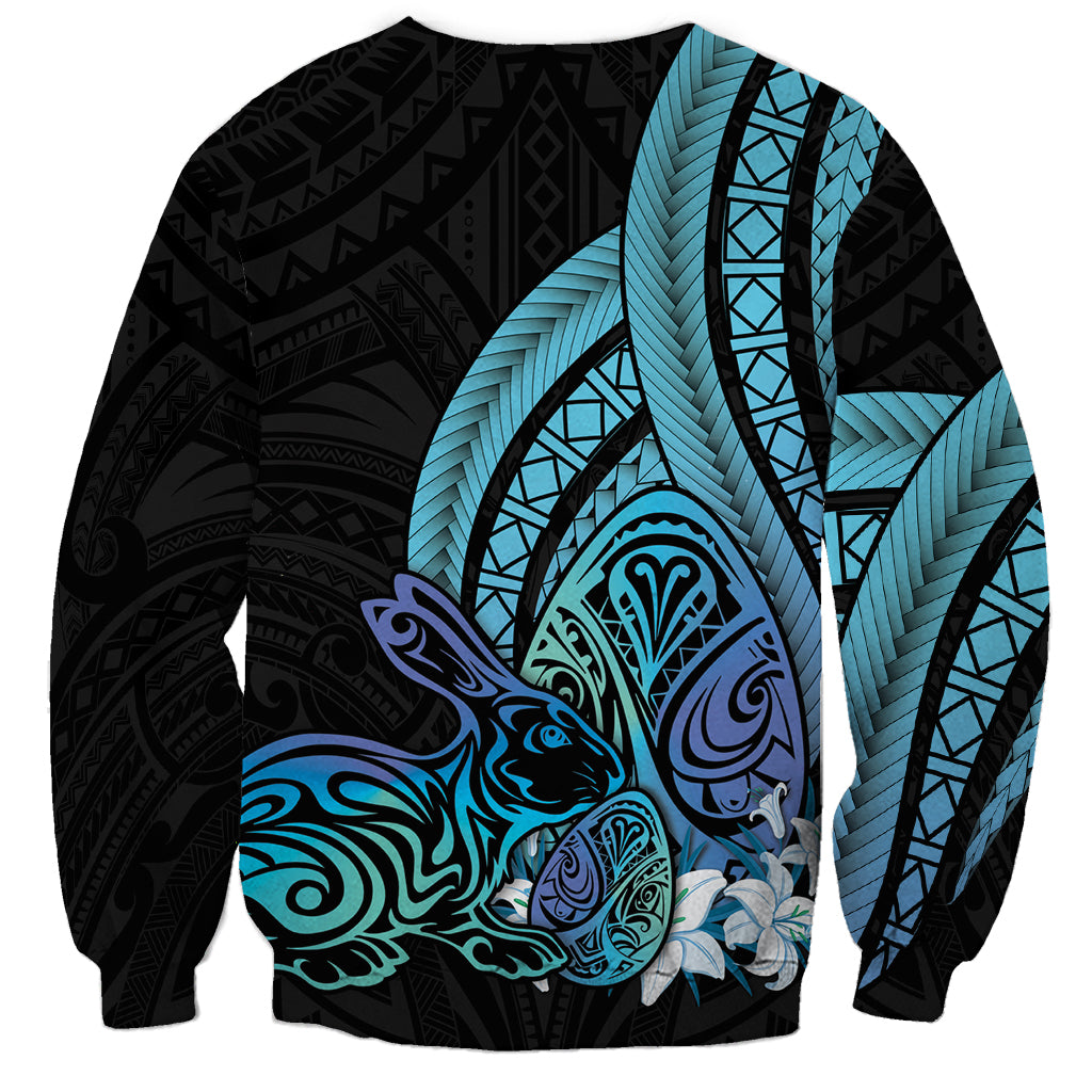 Turquoise Polynesia Easter Day Sweatshirt Eggs With Bunny Polynesian Pattern