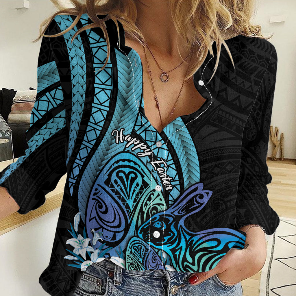 Turquoise Polynesia Easter Day Women Casual Shirt Eggs With Bunny Polynesian Pattern LT14 Female Turquoise - Polynesian Pride