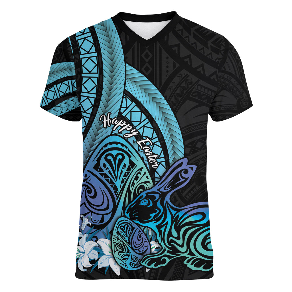 Turquoise Polynesia Easter Day Women V Neck T Shirt Eggs With Bunny Polynesian Pattern