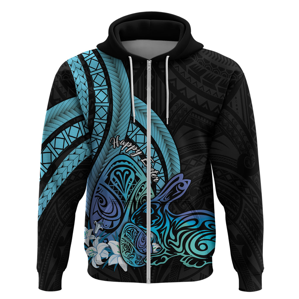 Turquoise Polynesia Easter Day Zip Hoodie Eggs With Bunny Polynesian Pattern LT14 Zip Hoodie Turquoise - Polynesian Pride