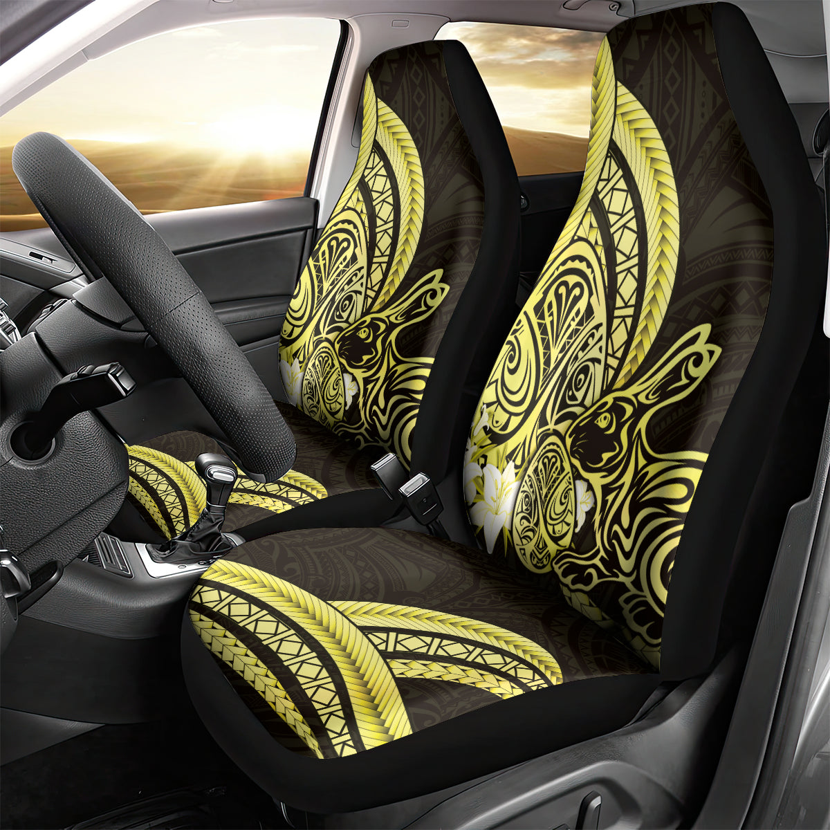 Yellow Polynesia Easter Day Car Seat Cover Eggs With Bunny Polynesian Pattern