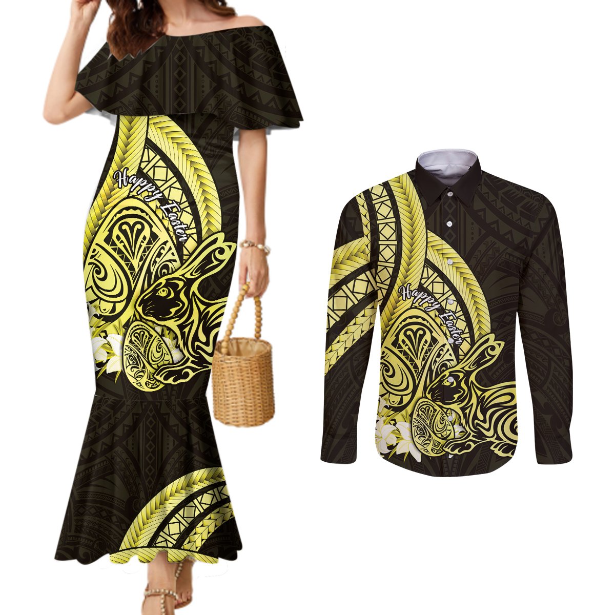 Yellow Polynesia Easter Day Couples Matching Mermaid Dress and Long Sleeve Button Shirt Eggs With Bunny Polynesian Pattern