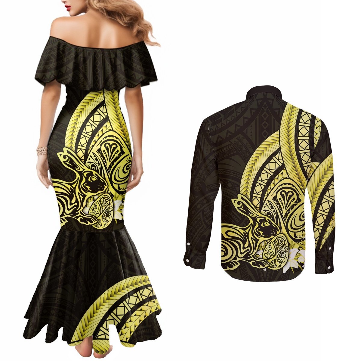 Yellow Polynesia Easter Day Couples Matching Mermaid Dress and Long Sleeve Button Shirt Eggs With Bunny Polynesian Pattern