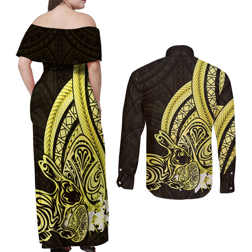 Yellow Polynesia Easter Day Couples Matching Off Shoulder Maxi Dress and Long Sleeve Button Shirt Eggs With Bunny Polynesian Pattern