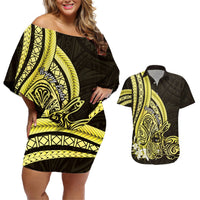 Yellow Polynesia Easter Day Couples Matching Off Shoulder Short Dress and Hawaiian Shirt Eggs With Bunny Polynesian Pattern