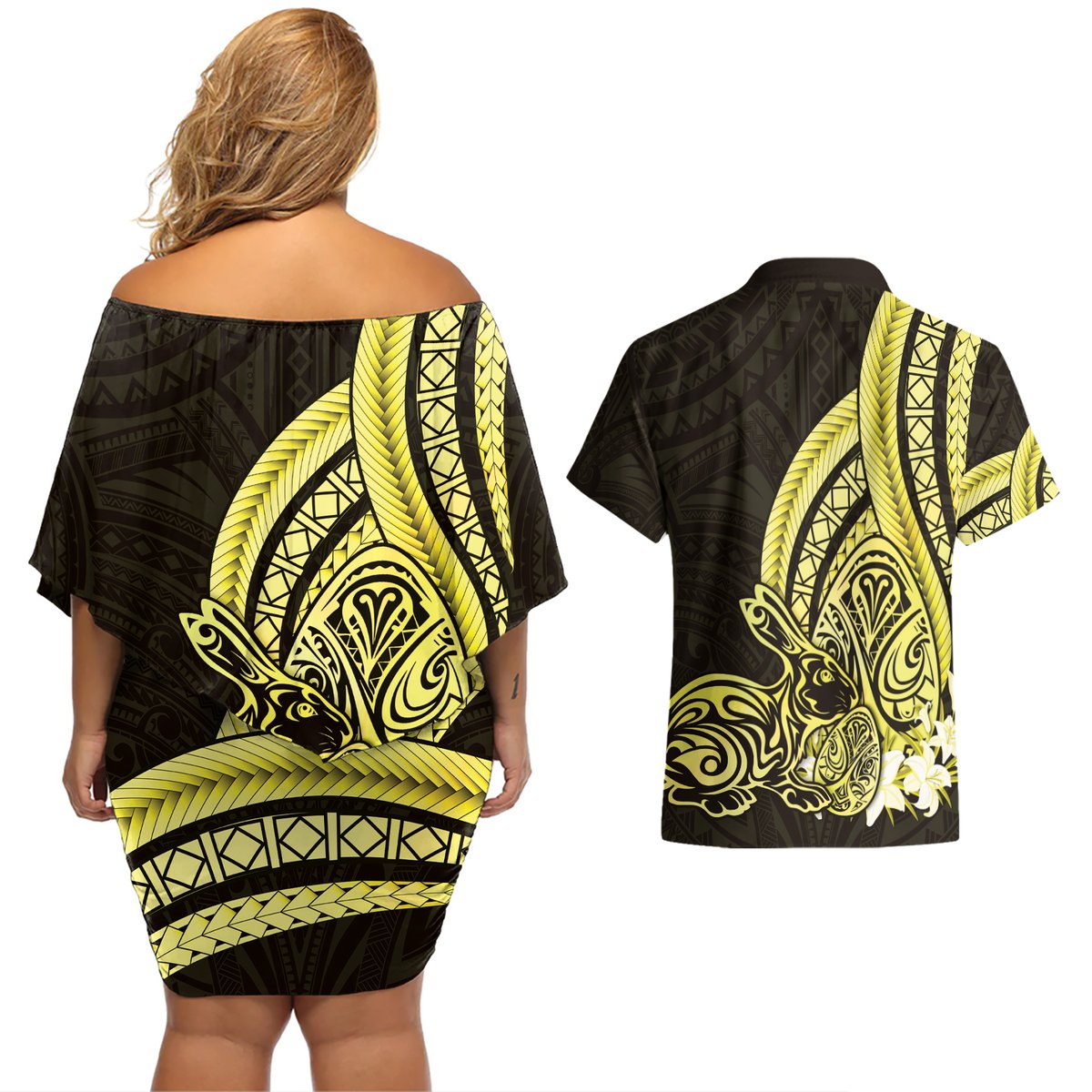 Yellow Polynesia Easter Day Couples Matching Off Shoulder Short Dress and Hawaiian Shirt Eggs With Bunny Polynesian Pattern