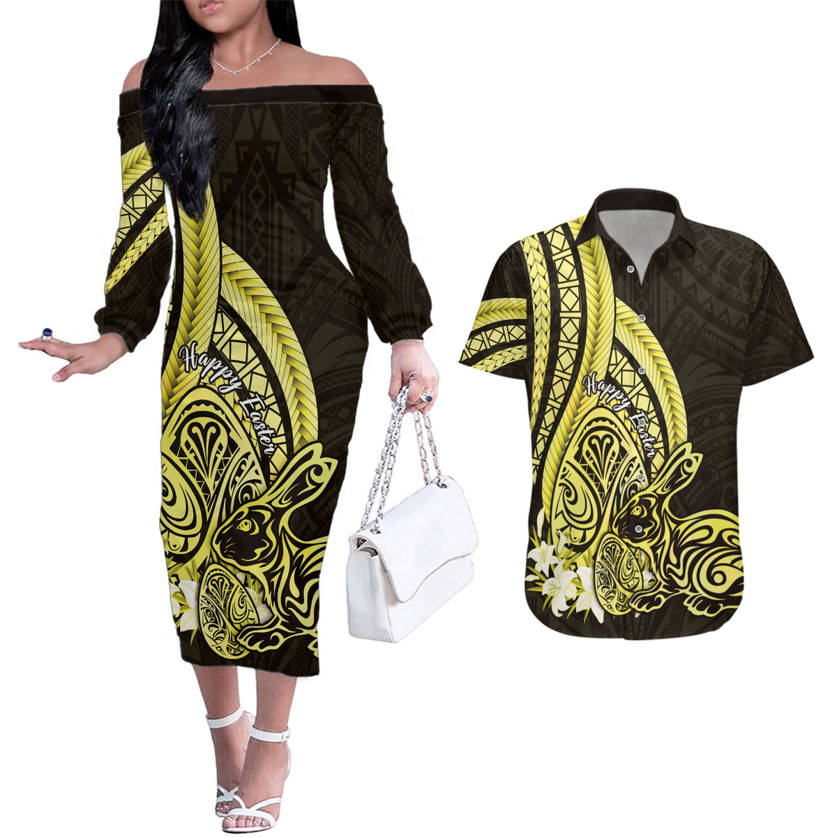 Yellow Polynesia Easter Day Couples Matching Off The Shoulder Long Sleeve Dress and Hawaiian Shirt Eggs With Bunny Polynesian Pattern