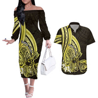Yellow Polynesia Easter Day Couples Matching Off The Shoulder Long Sleeve Dress and Hawaiian Shirt Eggs With Bunny Polynesian Pattern