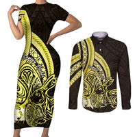 Yellow Polynesia Easter Day Couples Matching Short Sleeve Bodycon Dress and Long Sleeve Button Shirt Eggs With Bunny Polynesian Pattern