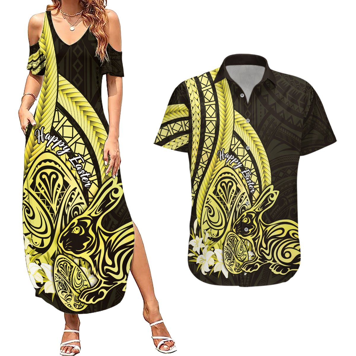 Yellow Polynesia Easter Day Couples Matching Summer Maxi Dress and Hawaiian Shirt Eggs With Bunny Polynesian Pattern