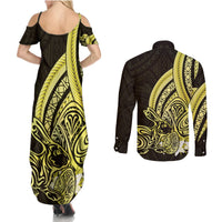 Yellow Polynesia Easter Day Couples Matching Summer Maxi Dress and Long Sleeve Button Shirt Eggs With Bunny Polynesian Pattern
