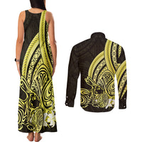 Yellow Polynesia Easter Day Couples Matching Tank Maxi Dress and Long Sleeve Button Shirt Eggs With Bunny Polynesian Pattern