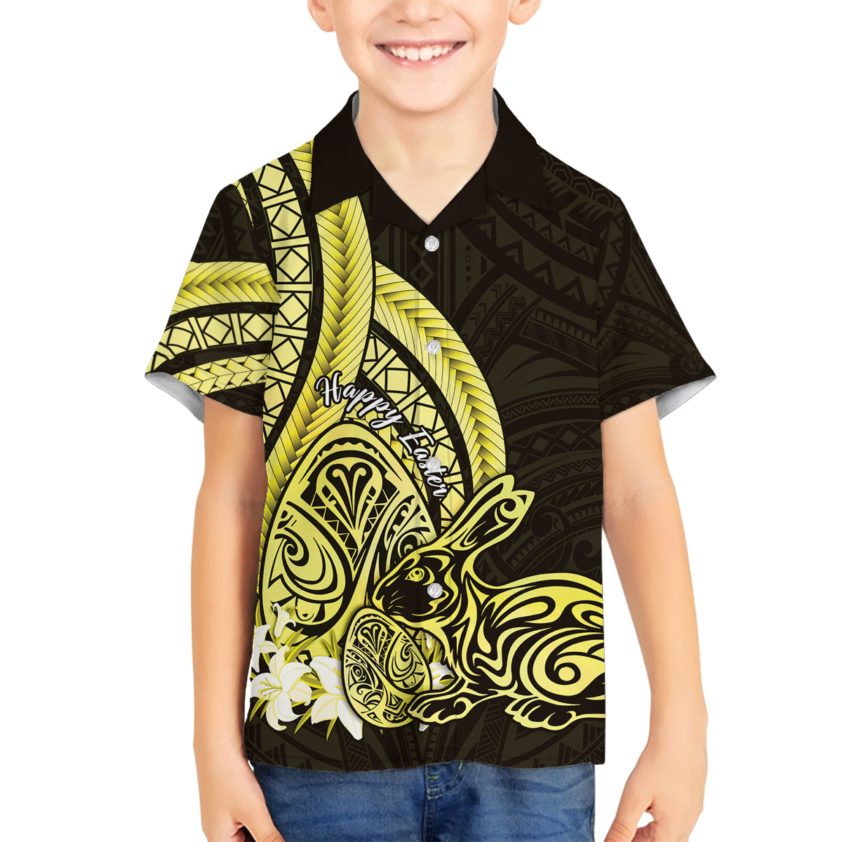 Yellow Polynesia Easter Day Family Matching Off Shoulder Maxi Dress and Hawaiian Shirt Eggs With Bunny Polynesian Pattern LT14 Son's Shirt Yellow - Polynesian Pride