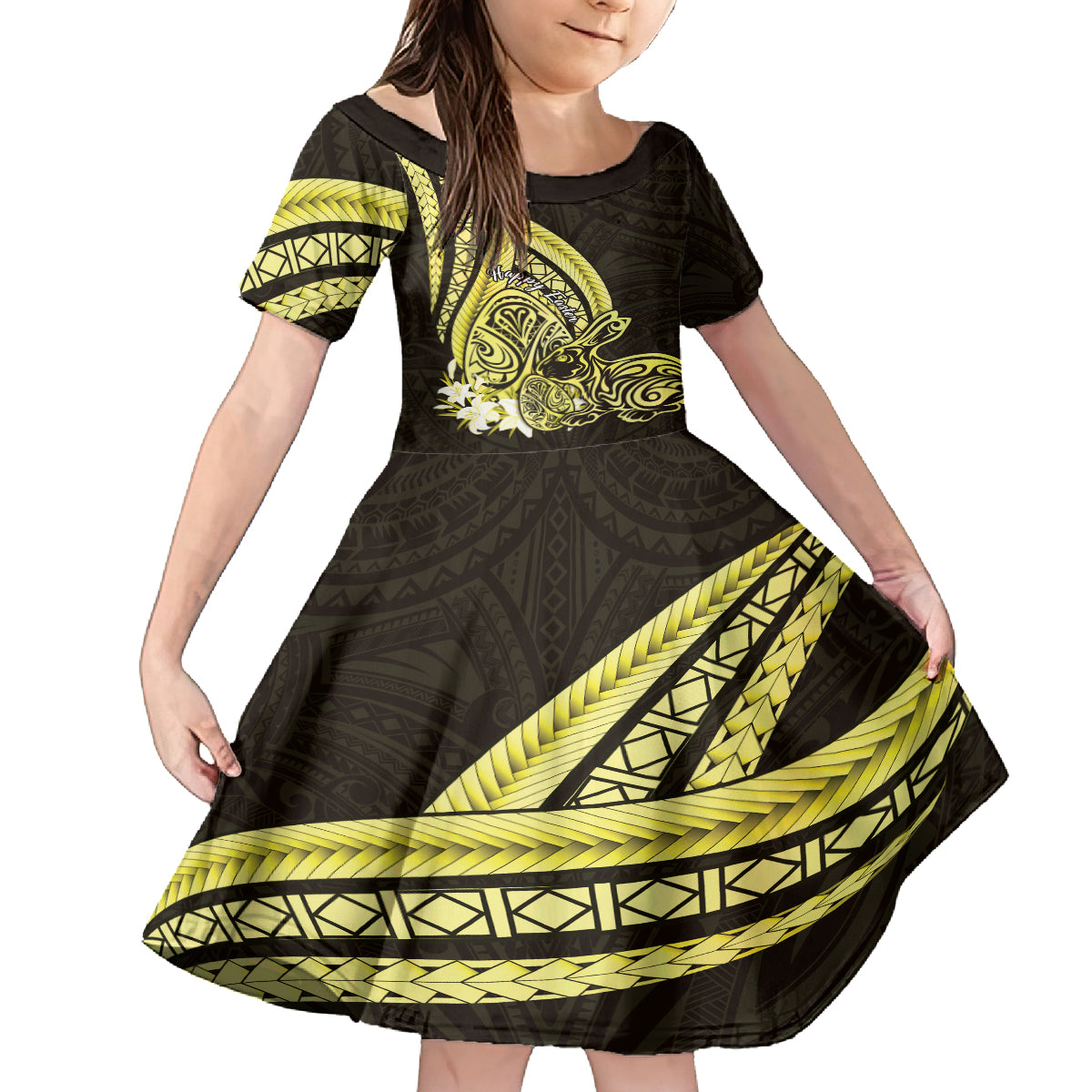 Yellow Polynesia Easter Day Family Matching Off Shoulder Short Dress and Hawaiian Shirt Eggs With Bunny Polynesian Pattern
