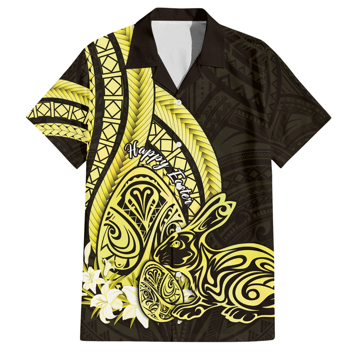 Yellow Polynesia Easter Day Family Matching Short Sleeve Bodycon Dress and Hawaiian Shirt Eggs With Bunny Polynesian Pattern
