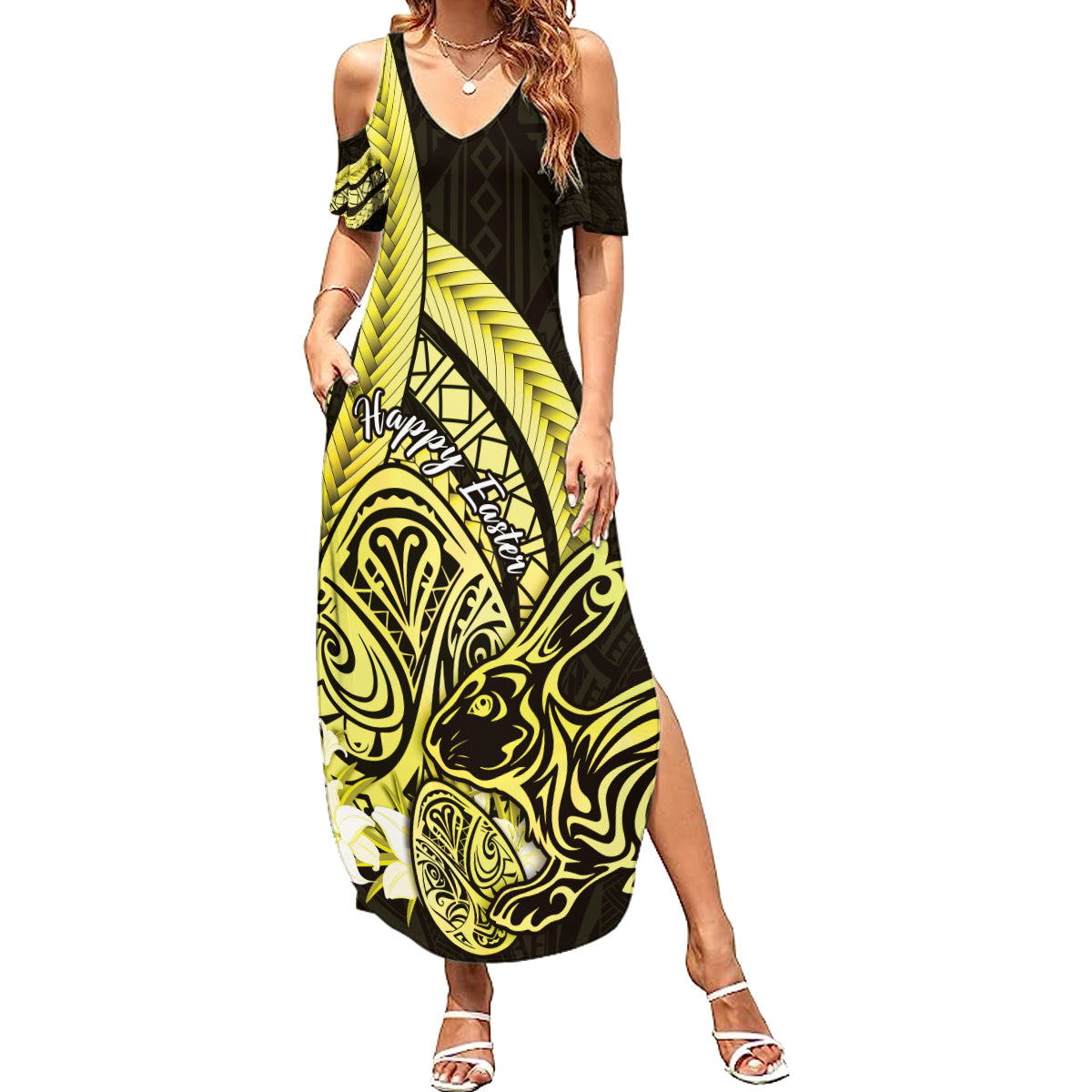 Yellow Polynesia Easter Day Family Matching Summer Maxi Dress and Hawaiian Shirt Eggs With Bunny Polynesian Pattern