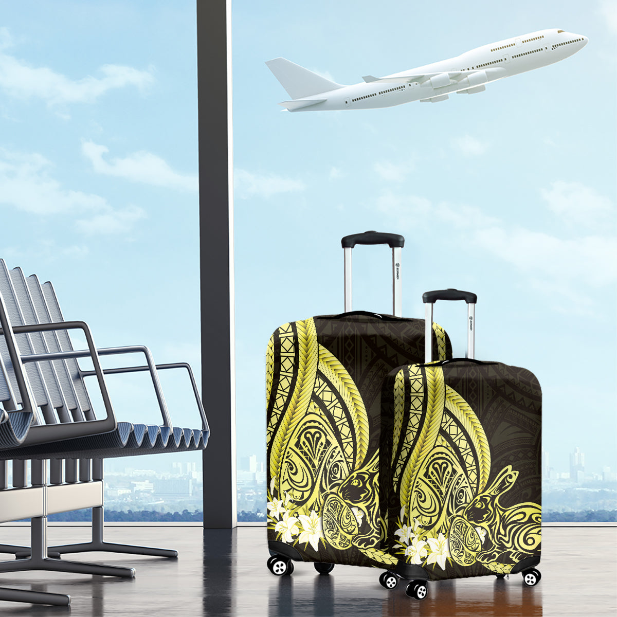 Yellow Polynesia Easter Day Luggage Cover Eggs With Bunny Polynesian Pattern