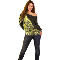 Yellow Polynesia Easter Day Off Shoulder Sweater Eggs With Bunny Polynesian Pattern