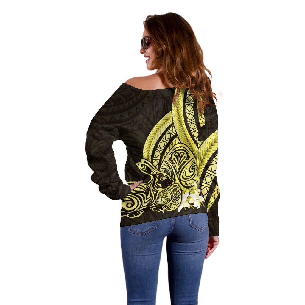 Yellow Polynesia Easter Day Off Shoulder Sweater Eggs With Bunny Polynesian Pattern
