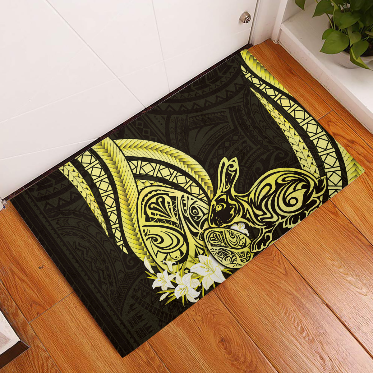 Yellow Polynesia Easter Day Rubber Doormat Eggs With Bunny Polynesian Pattern